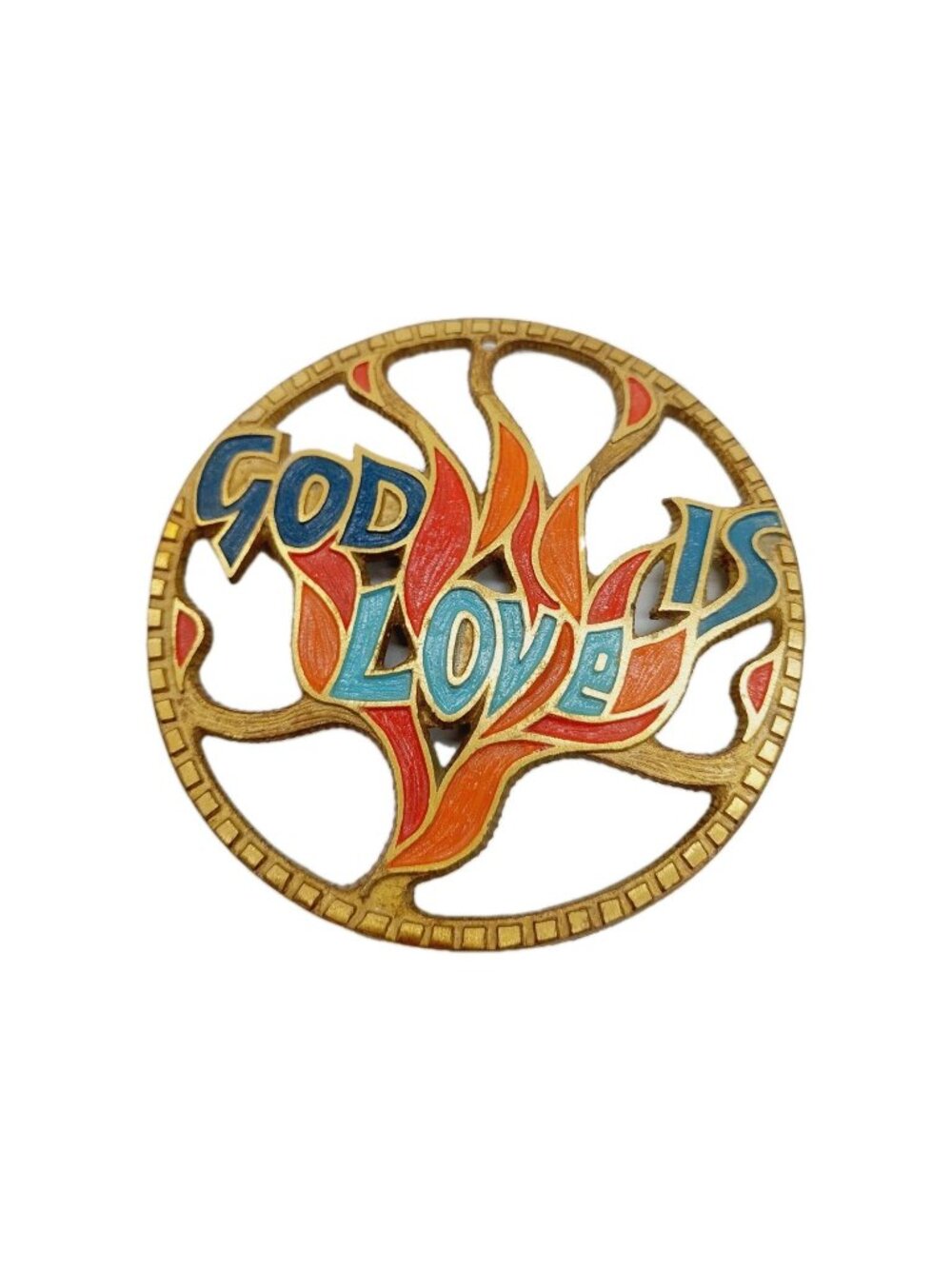 God is Love Terra Sancta Guild Metal Brass Trivet 4.5" Made in Israel ‘69
